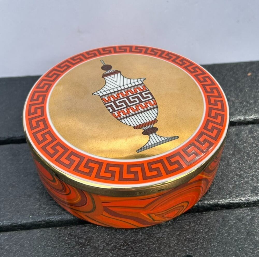 Jonathan Adler Porcelain Round Box Orange Gold Greek Key Urn Trinket Jewelry